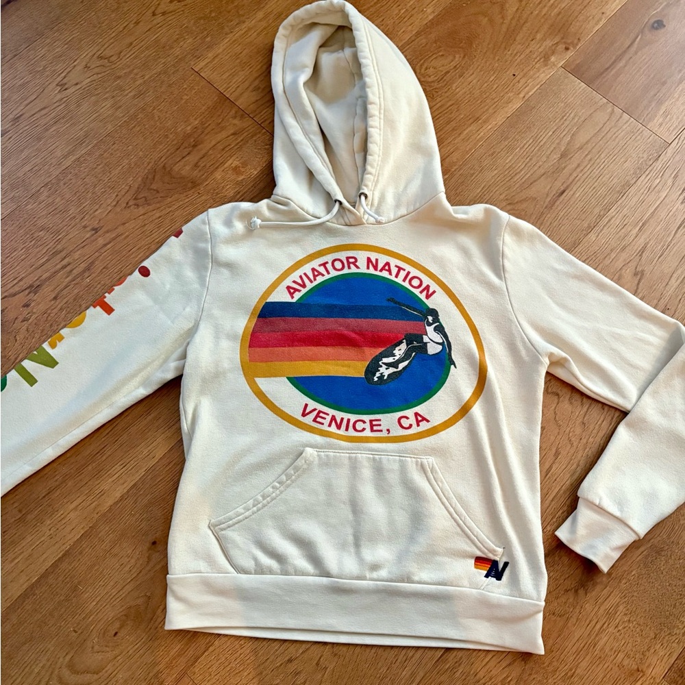 AVIATOR NATION Classic Graphic Pullover Hoodie Sweatshirt Cream XS